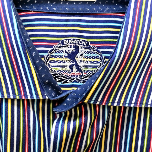 Bugatchi Man's Shirt in a rich multi-color pinstripe on black, size Large. - Picture 3 of 6